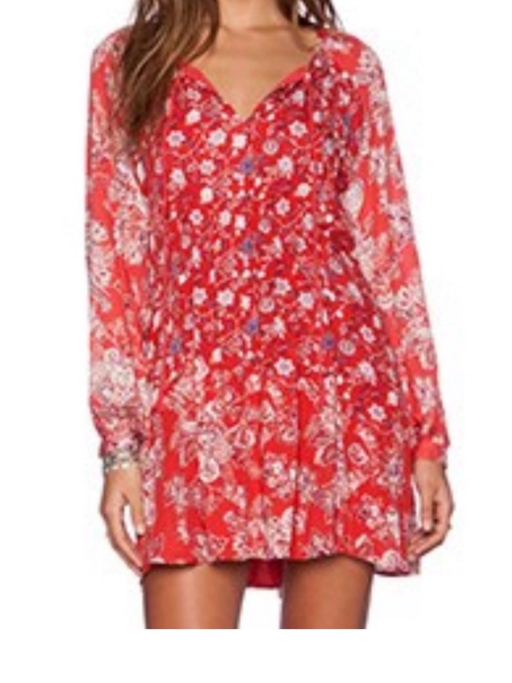 Free People Red Floral Sheer-Sleeve Mini Dress